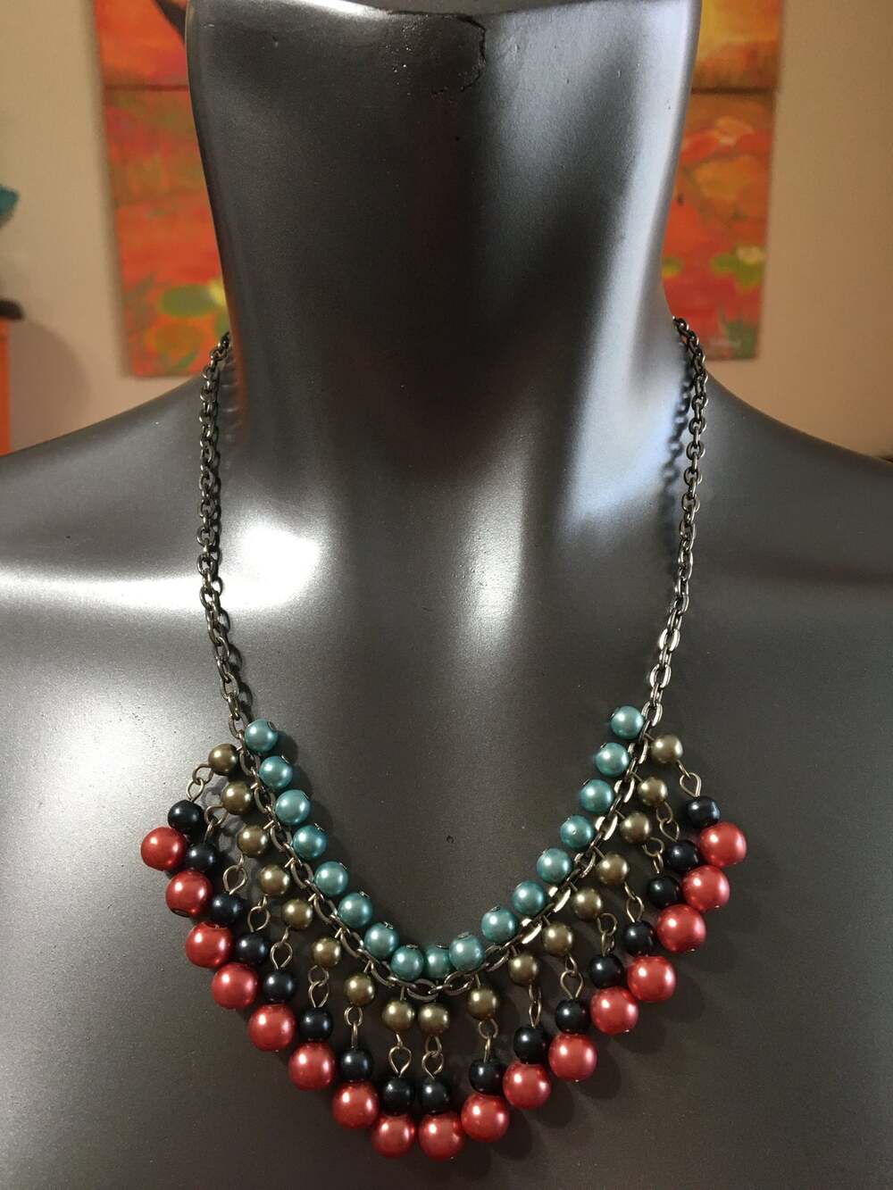20" Beaded Cleopatra Necklace Blue Gray Pink Silver Gray Balls